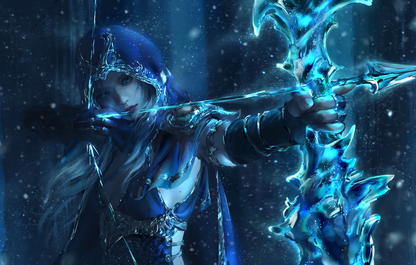 Фото обои Волосы, Лук, Капюшон, League of Legends, Ashe, Стрела, Лига Легенд, Ледяная лучница