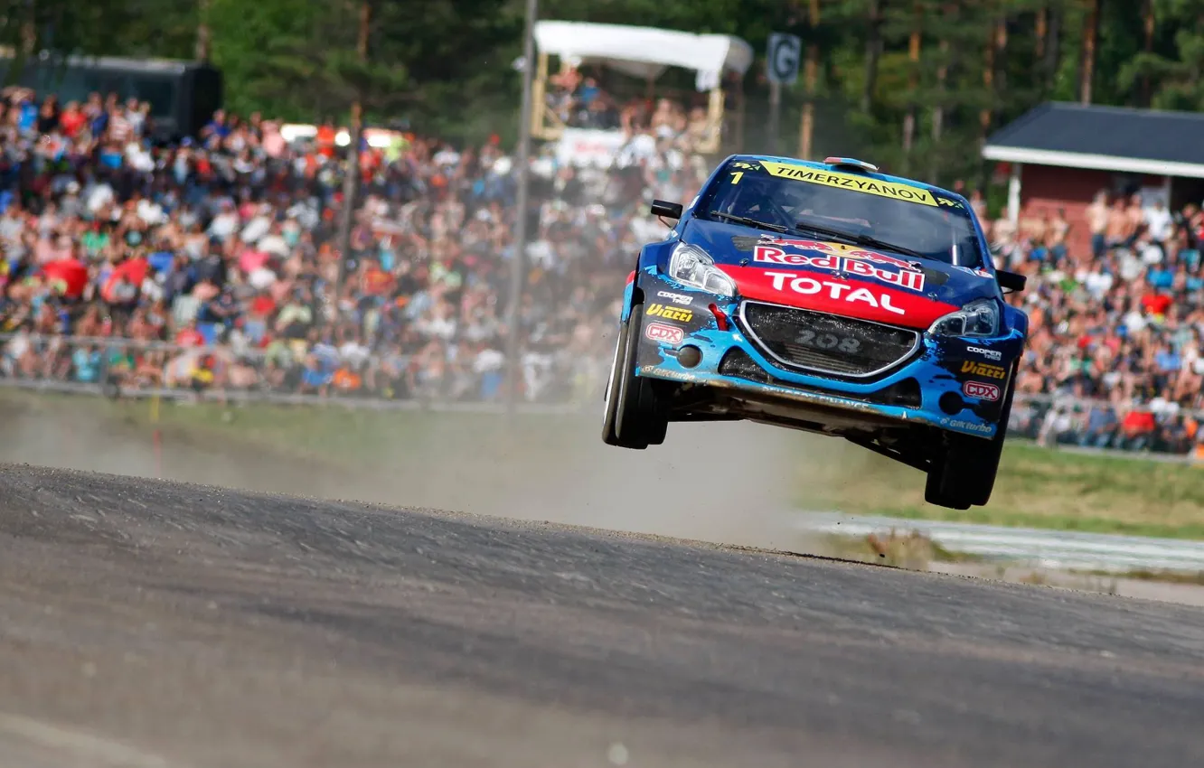 Фото обои прыжок, трасса, пыль, пежо, wrx, зрители, peugeot, rallycross