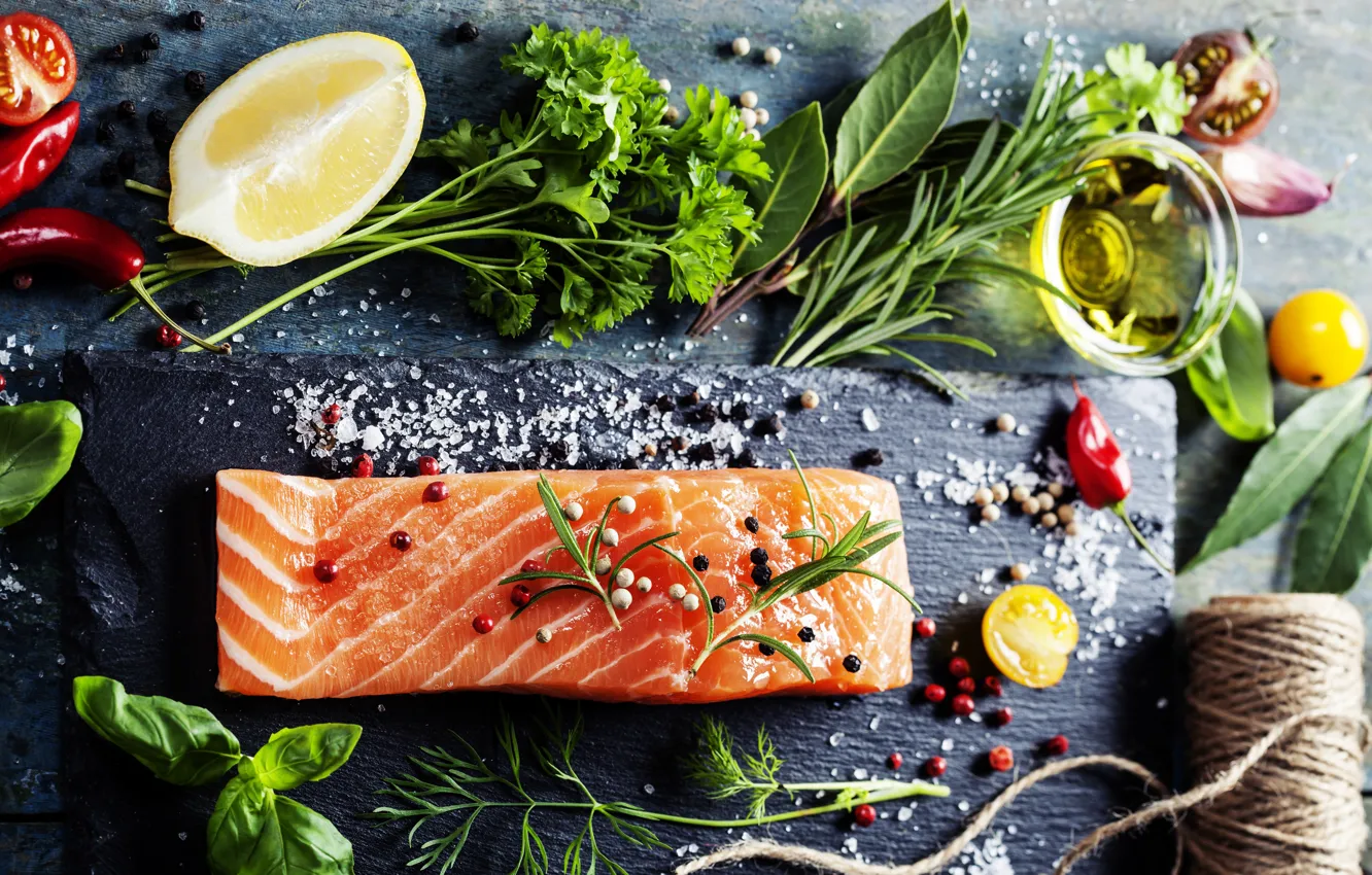 Фото обои зелень, лимон, масло, рыба, перец, специи