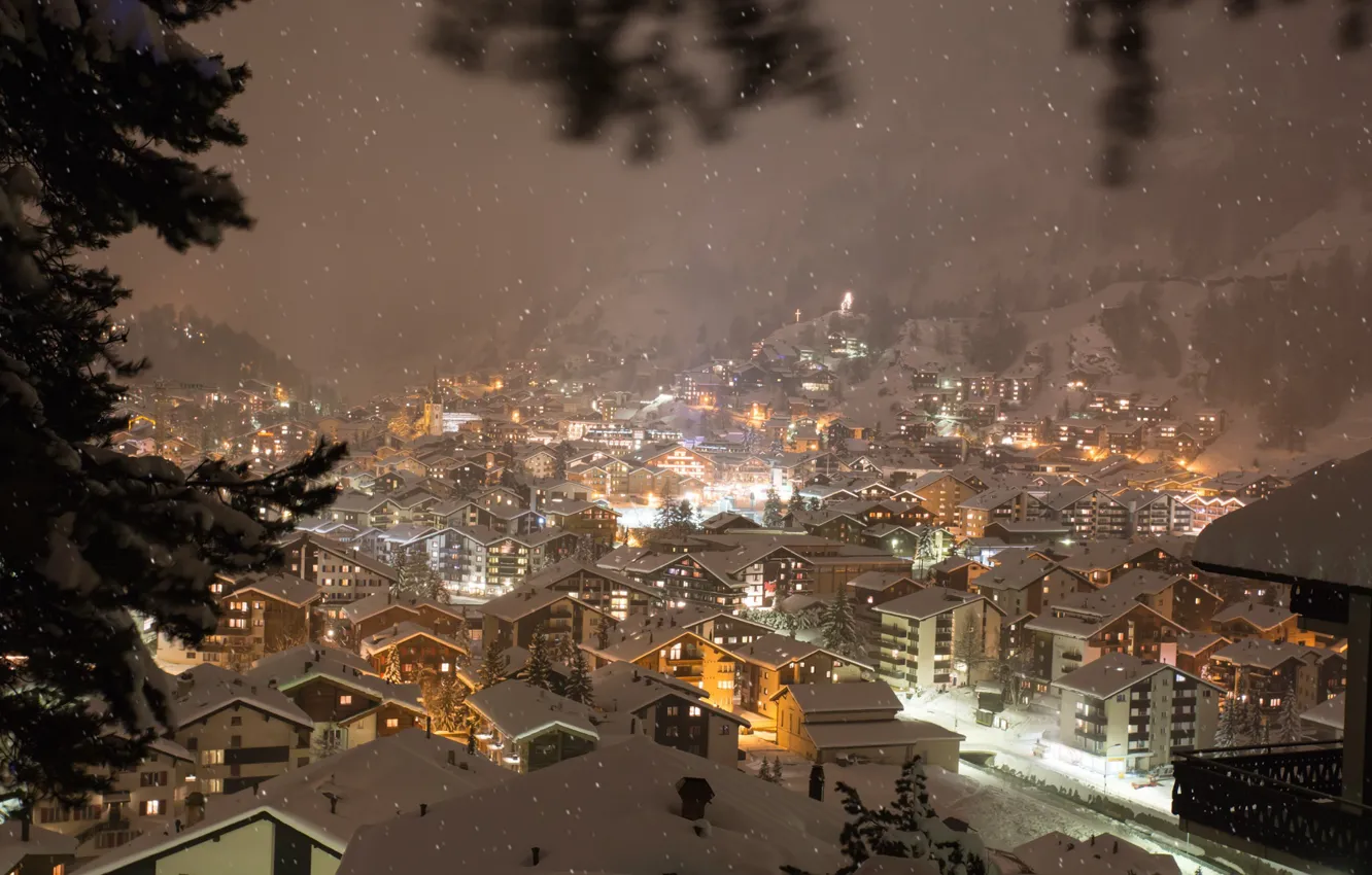 Фото обои Зима, Горы, Ночь, Снег, Швейцария, Городок, Winter, Switzerland