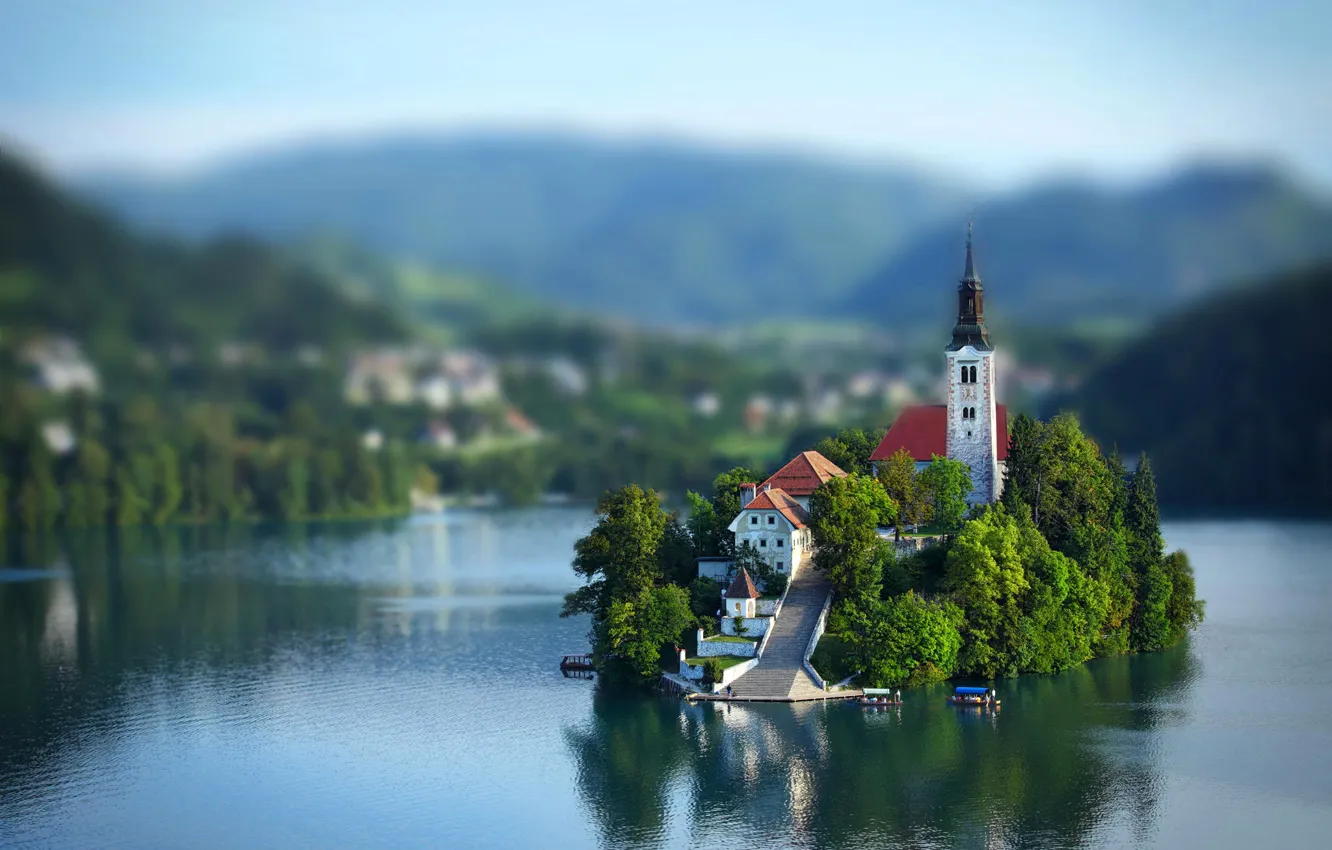Фото обои небо, облака, озеро, остров, церковь, Словения, Slovenia, Блед