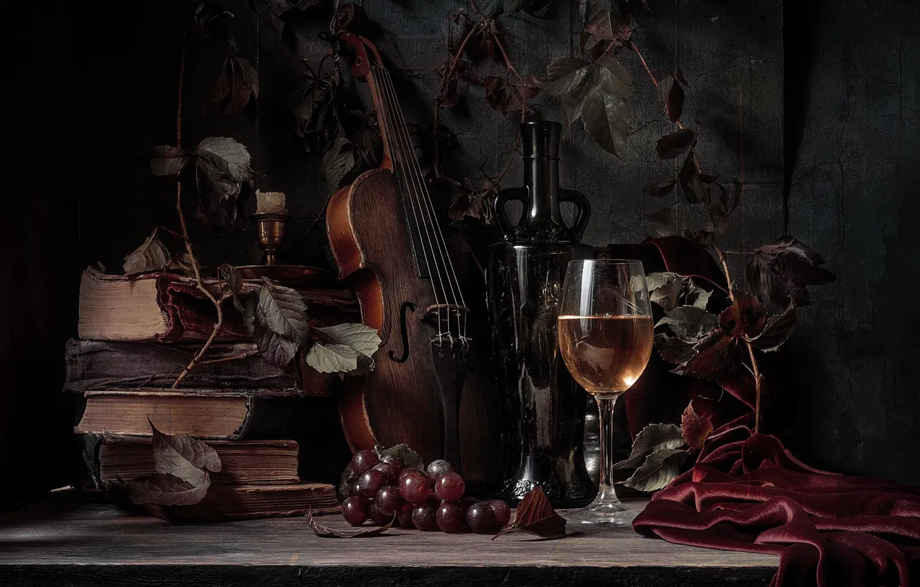 Фото обои листья, ягоды, скрипка, бокал, книги, ветка, виноград, ткань