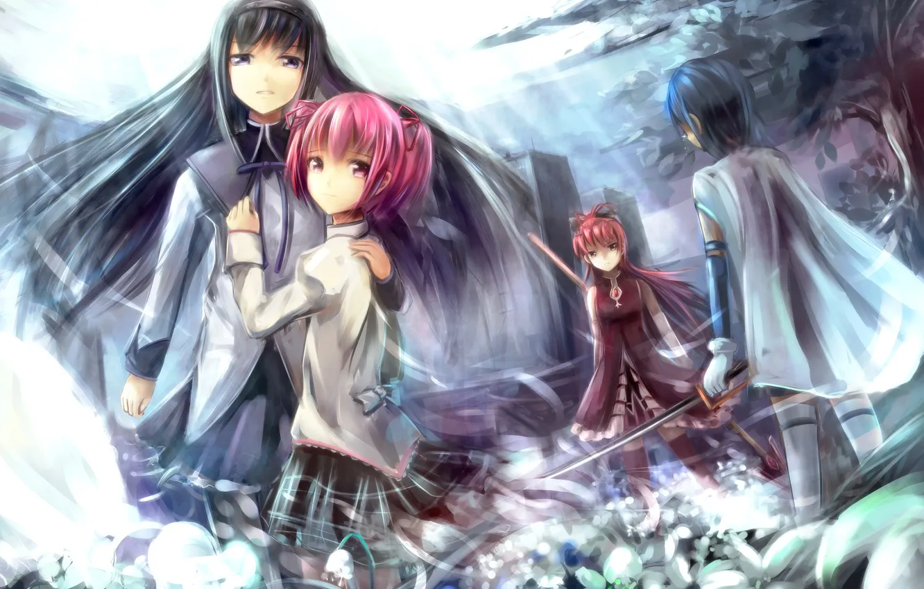 Фото обои цветы, девушки, меч, арт, парень, mahou shoujo madoka magica, akemi homura, kaname madoka