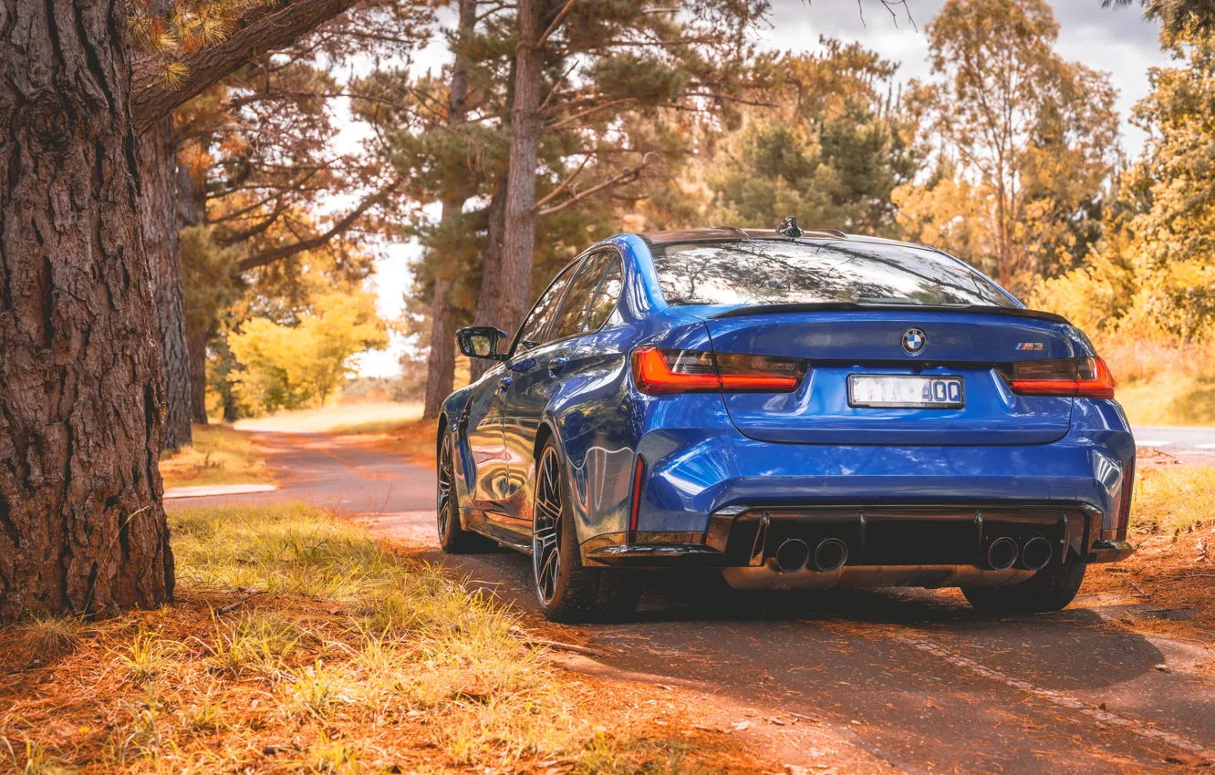 Фото обои BMW, Blue, Autumn, BMW M3, Road, Forest, Rear, G80