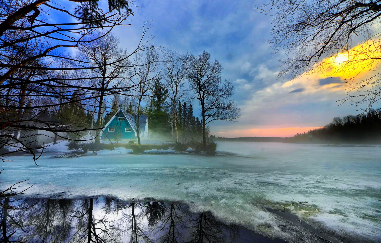 Фото обои house, Canada, river, winter, lake, snow, dawn, mist