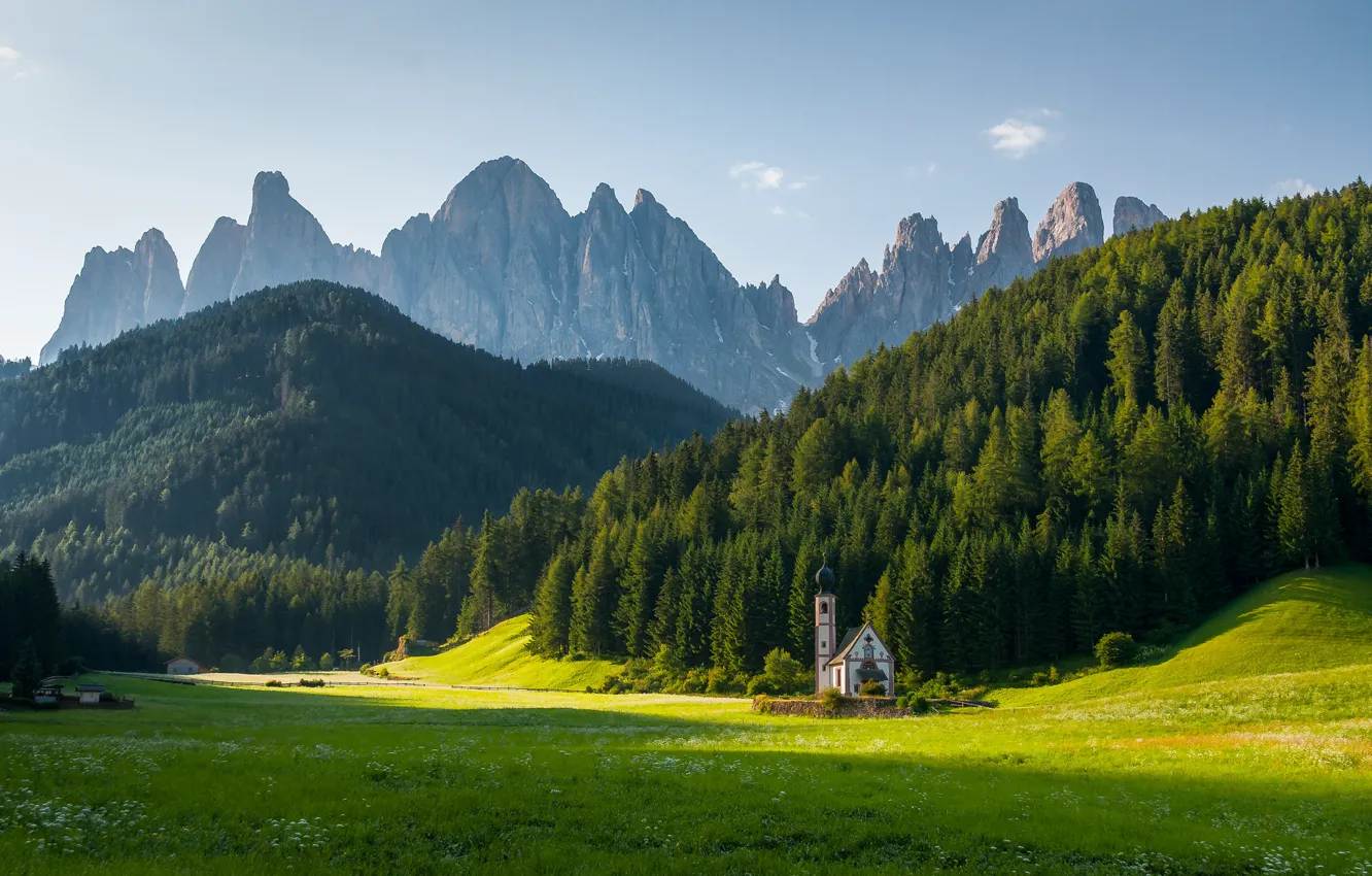 Фото обои sunrise, Church St. Johann, Dolomite Alps