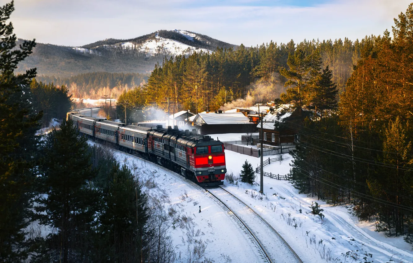 Фото обои зима, снег, пейзаж, горы, природа, поезд, железная дорога, леса
