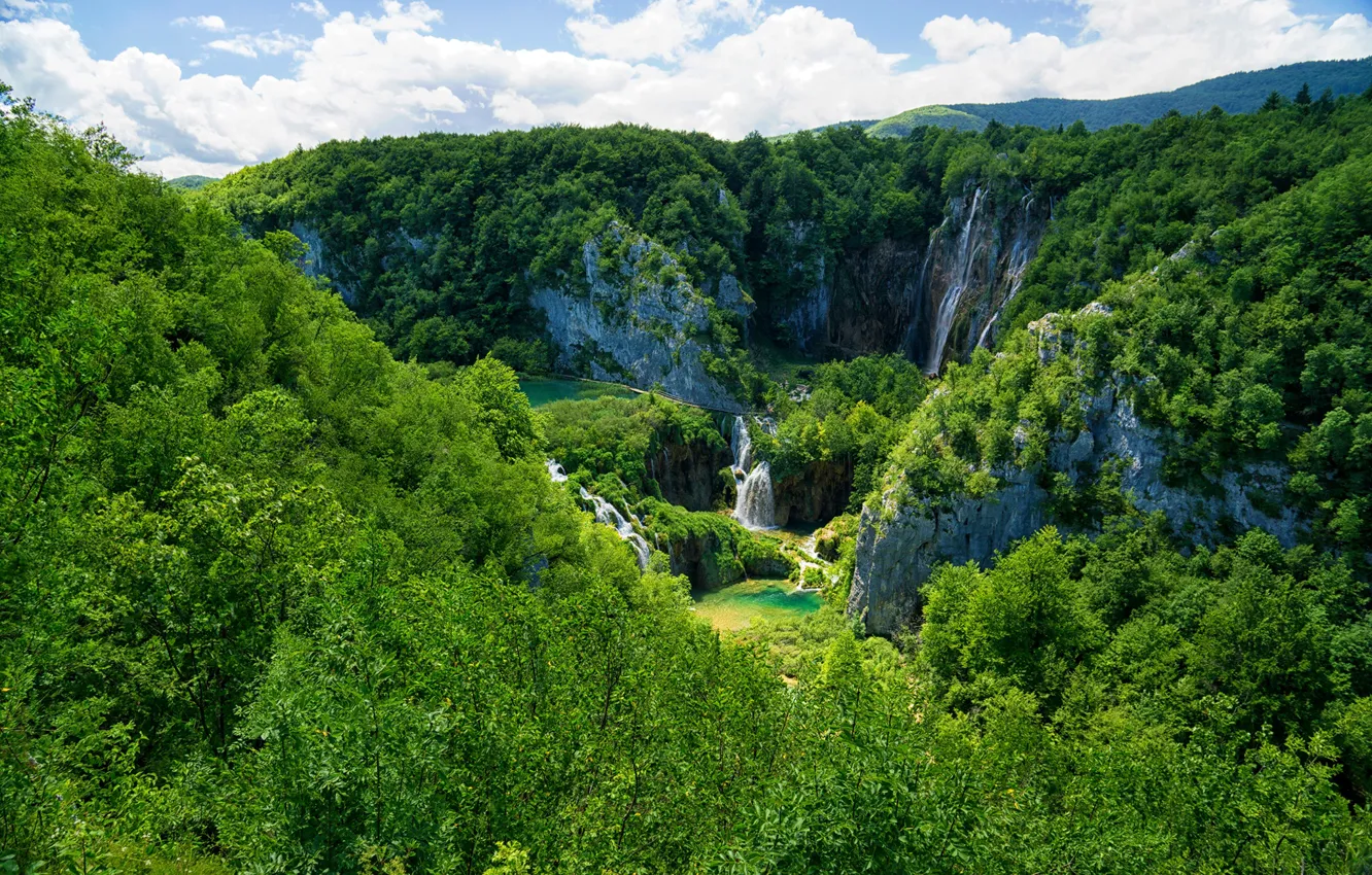Фото обои зелень, лес, солнце, облака, деревья, скалы, водопад, вид сверху