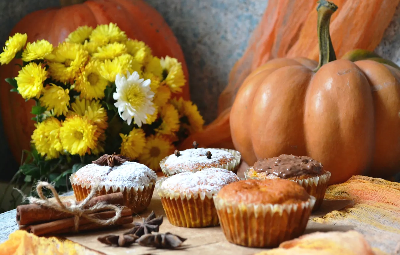 Фото обои осень, цветы, тыква, корица, выпечка, кексы
