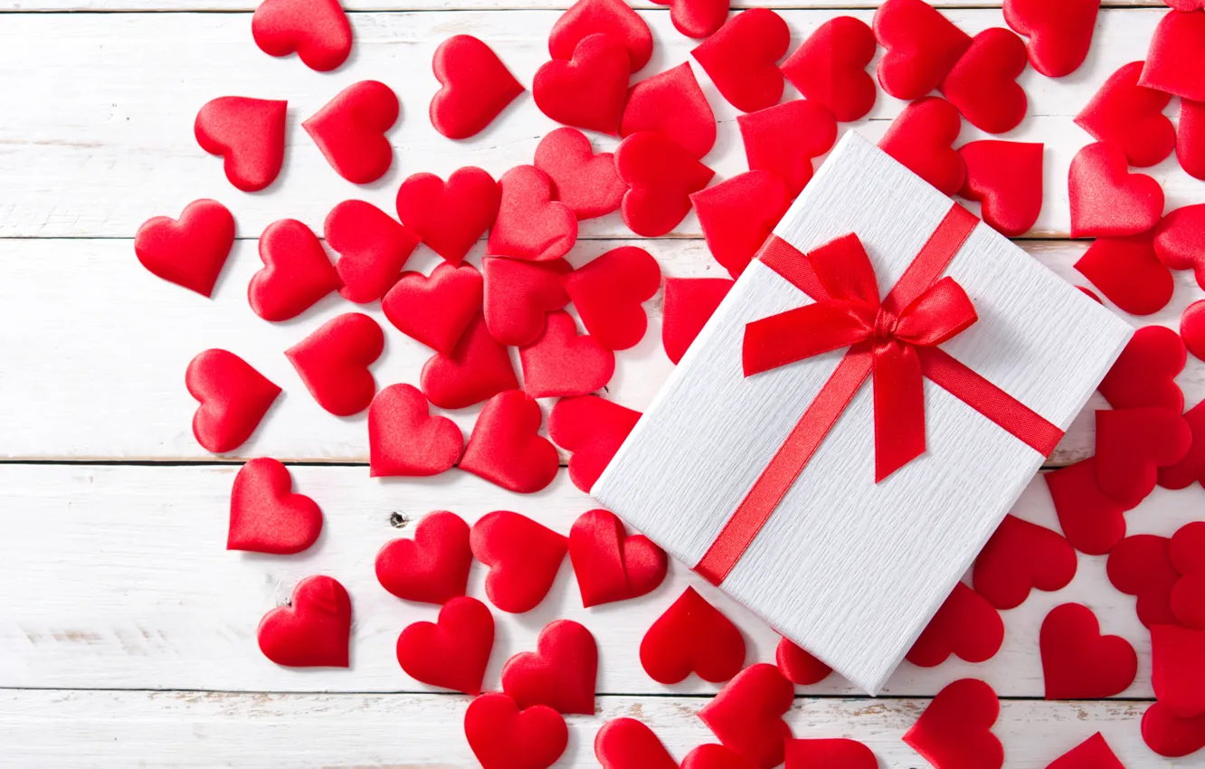 Фото обои коробка, подарок, лента, сердечки, красные
