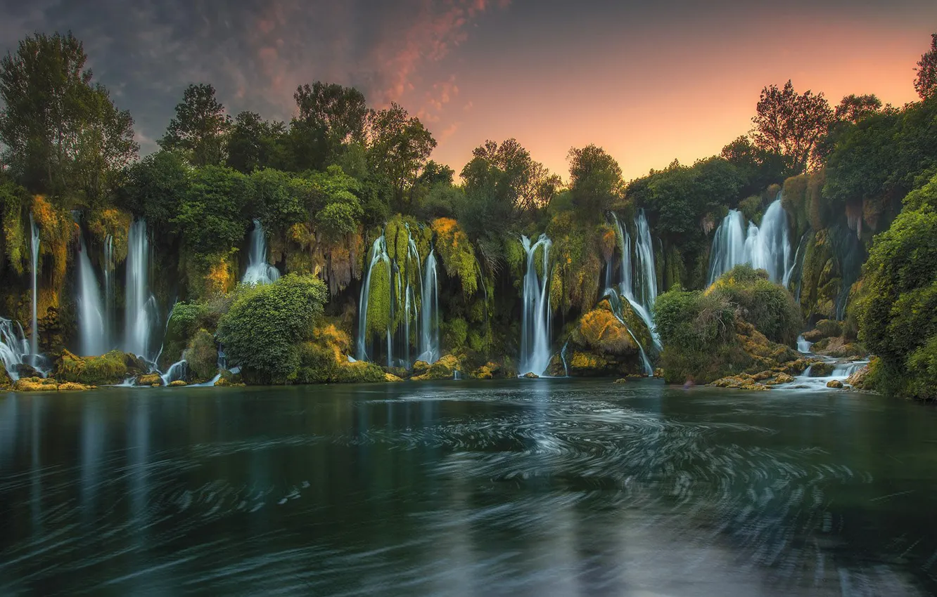 Фото обои sunset, waterfall, Scenic