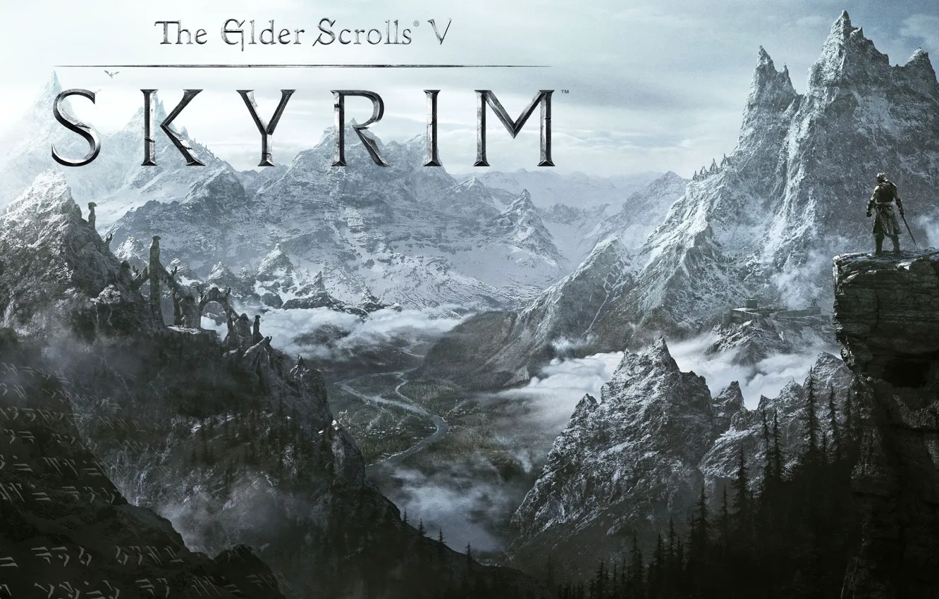 Фото обои снег, горы, долина, the elder scrolls, skyrim, скайрим, дувакин