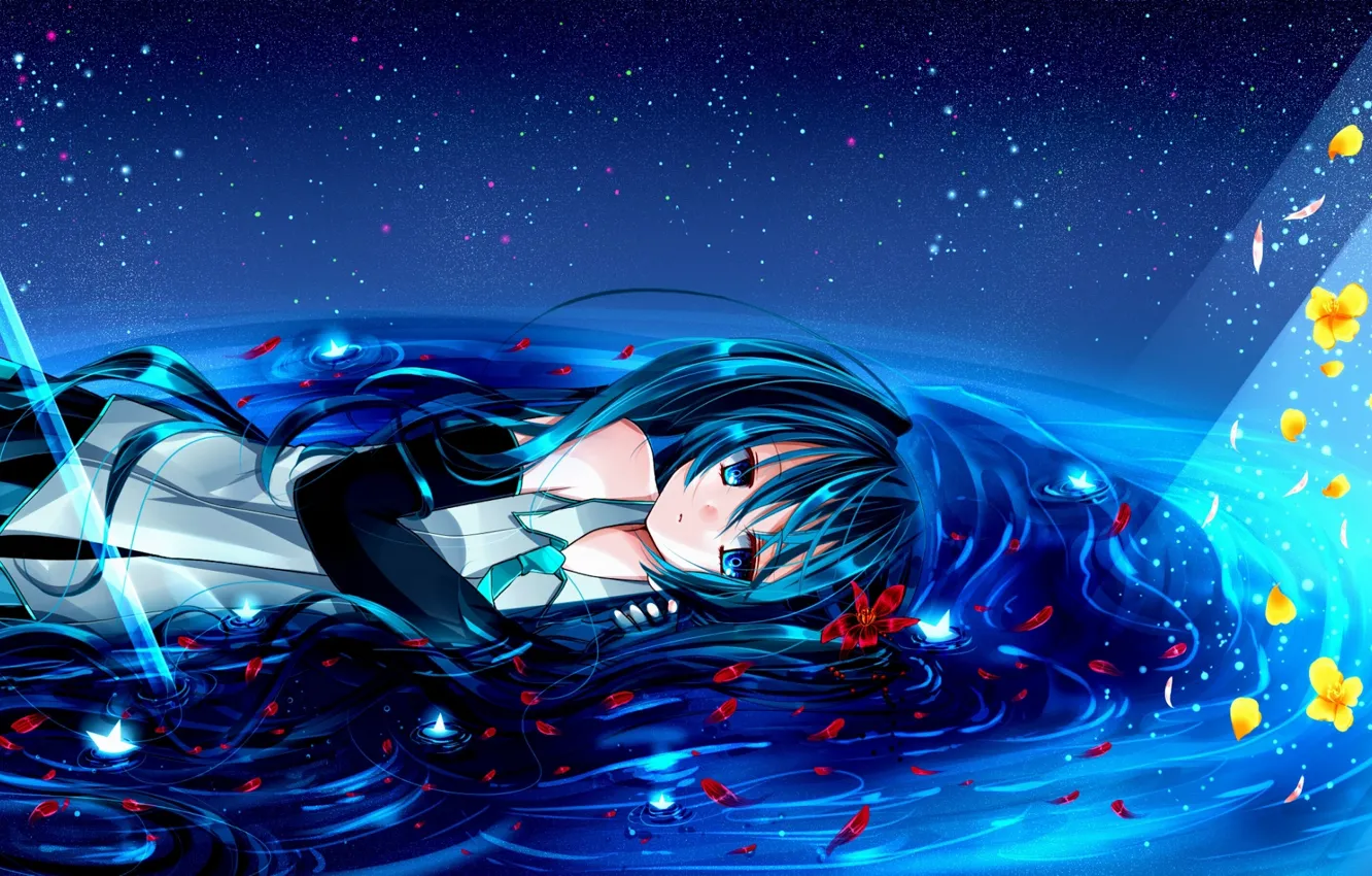 Фото обои небо, вода, свет, цветы, звёзды, лежит, Hatsune Miku, Vocaloid