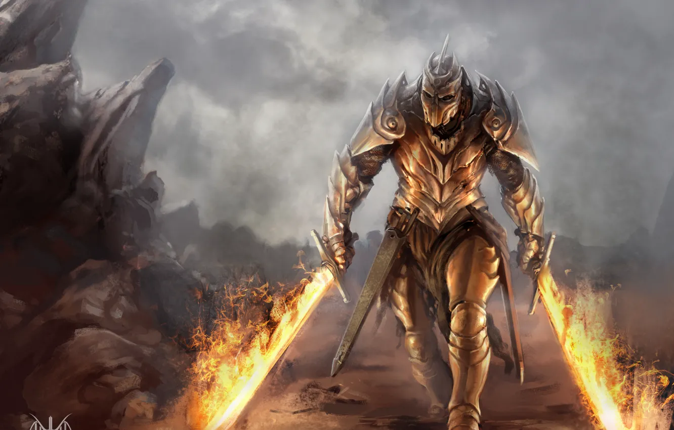 Фото обои armor, dragon, cave, human form, battle axe