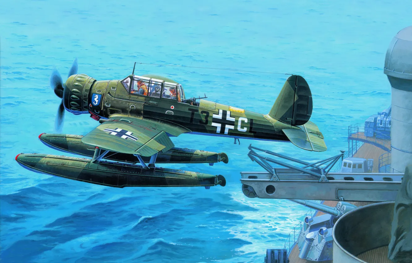 Фото обои корабль, арт, военный, катапульта, немецкий, одномоторный, WW2, Arado Ar 196