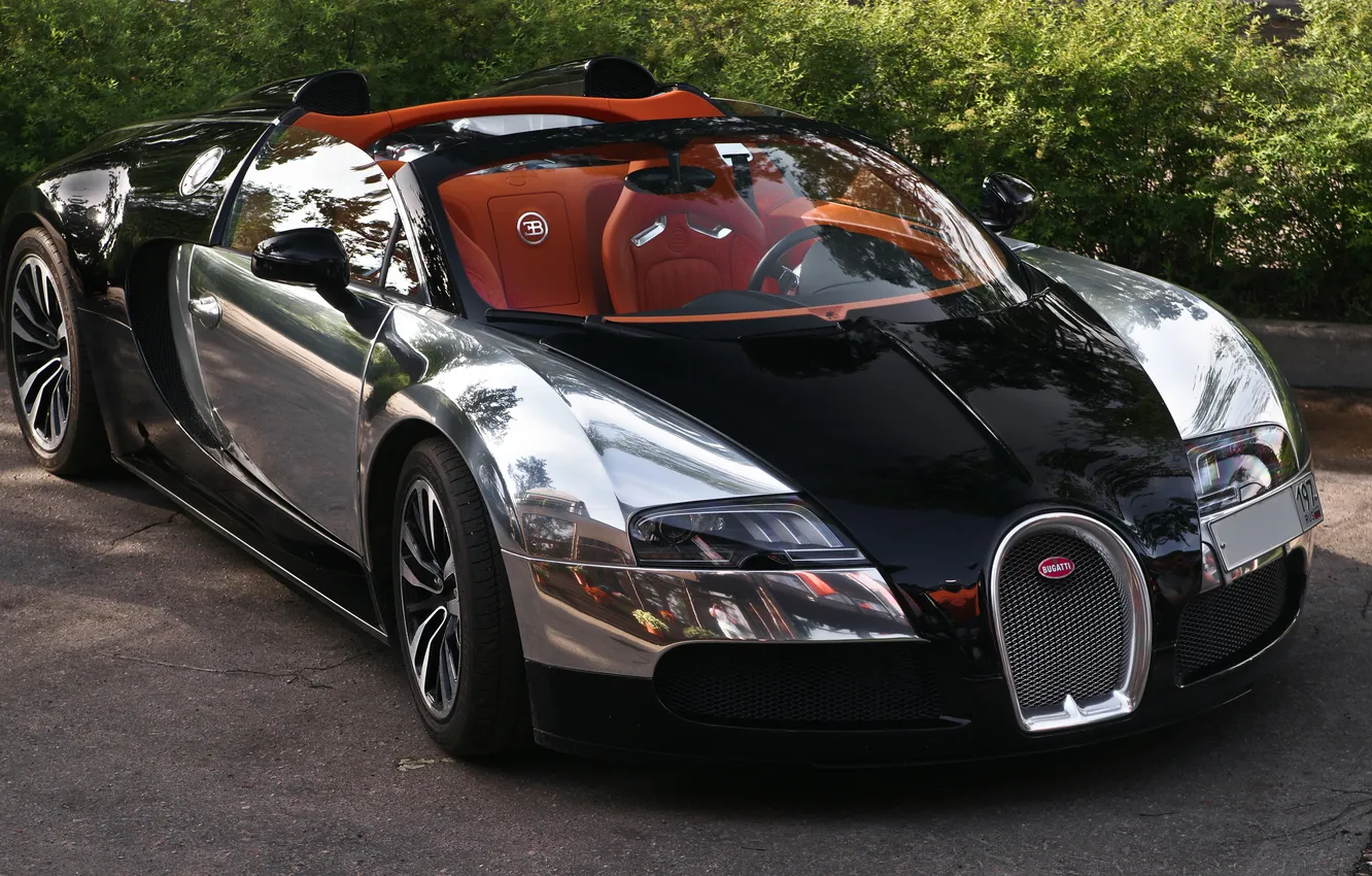 Фото обои Bugatti, Veyron, Russia, Black, Moscow, Grand Sport, 16.4, Chrome