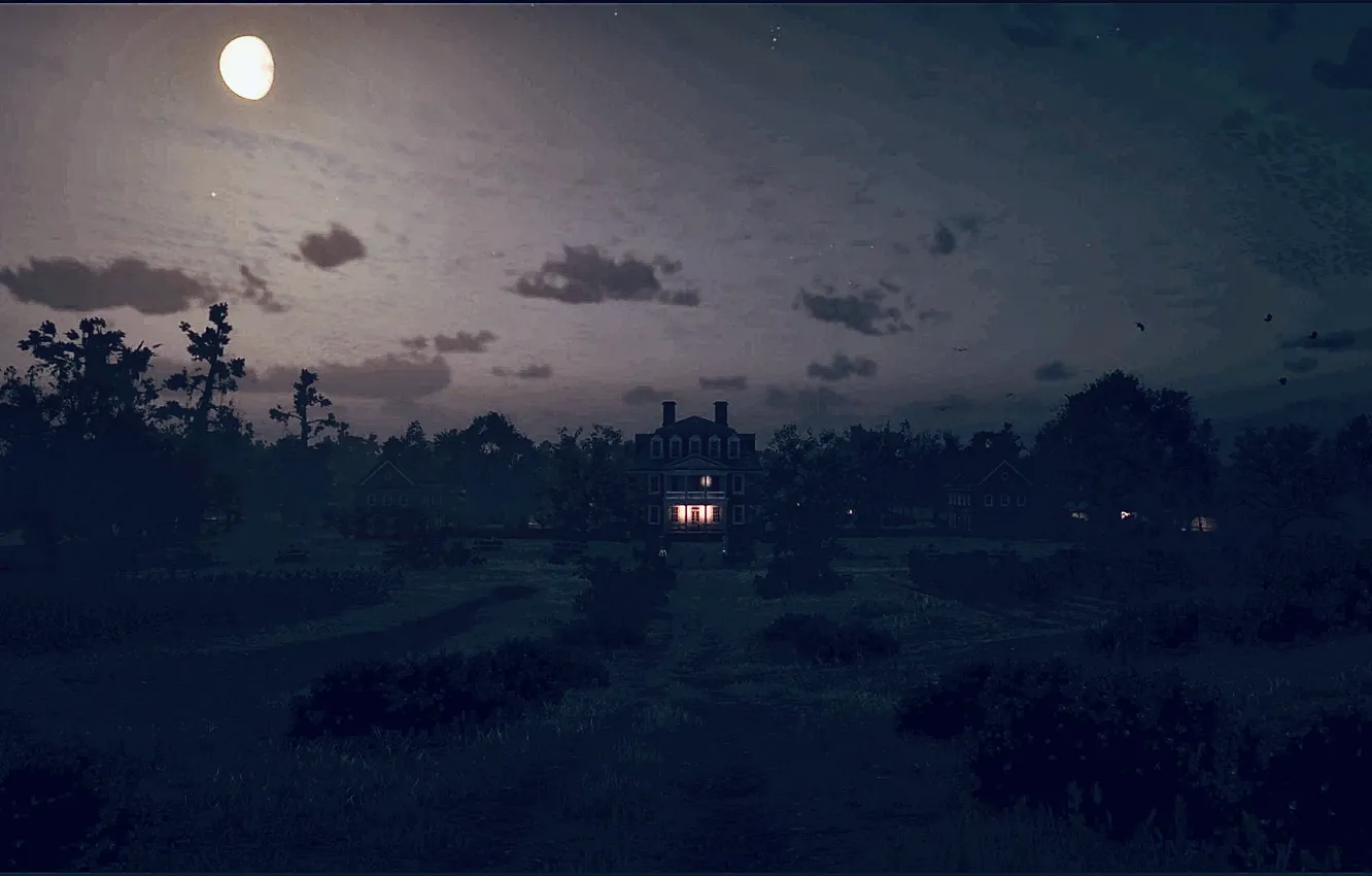 Фото обои HDR, House, Moon, Clouds, Sky, Lights, Game, Moonlight