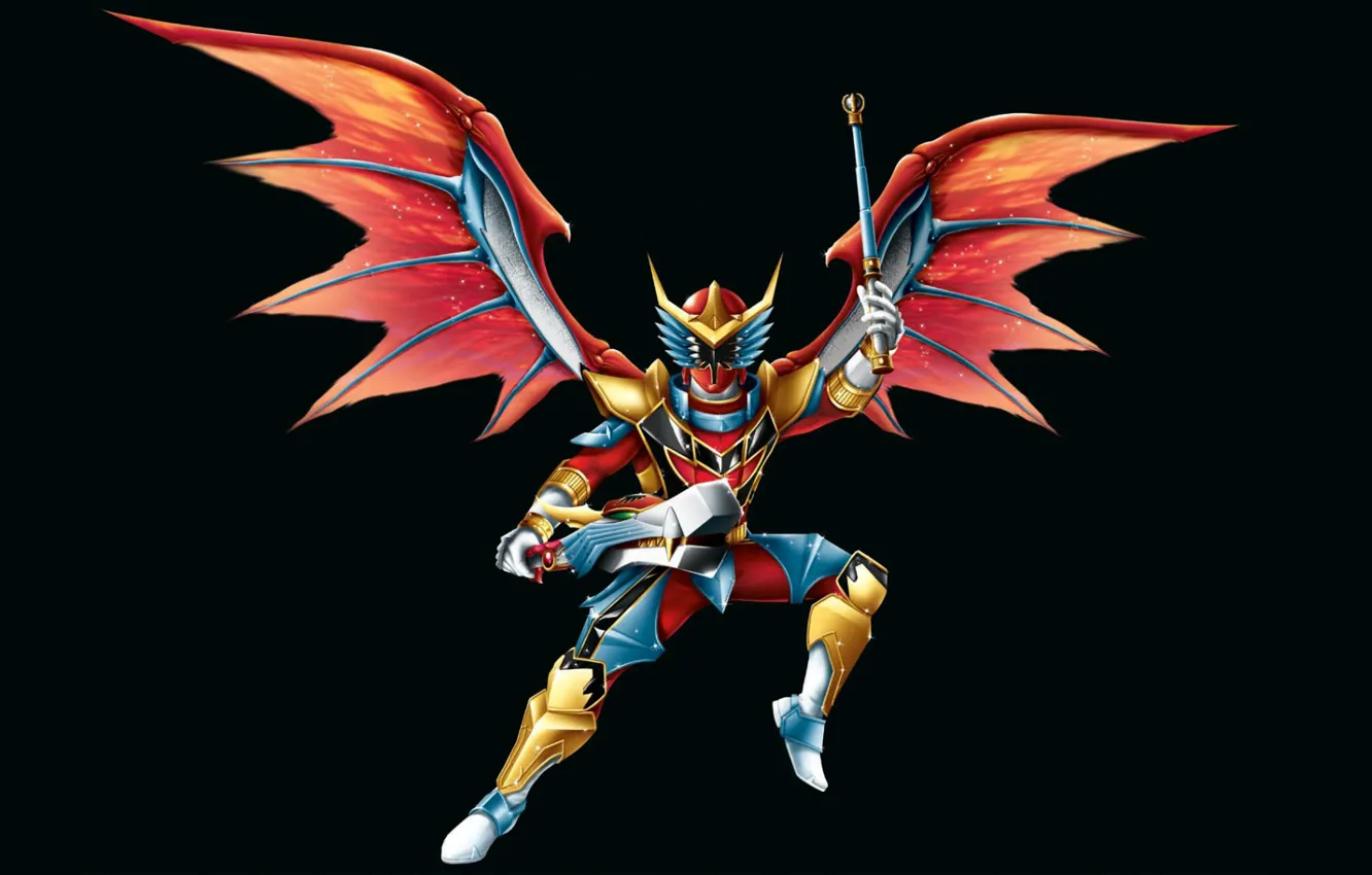 Фото обои крылья, костюм, черный фон, wings, Power Rangers, Red Dragon Fire Ranger