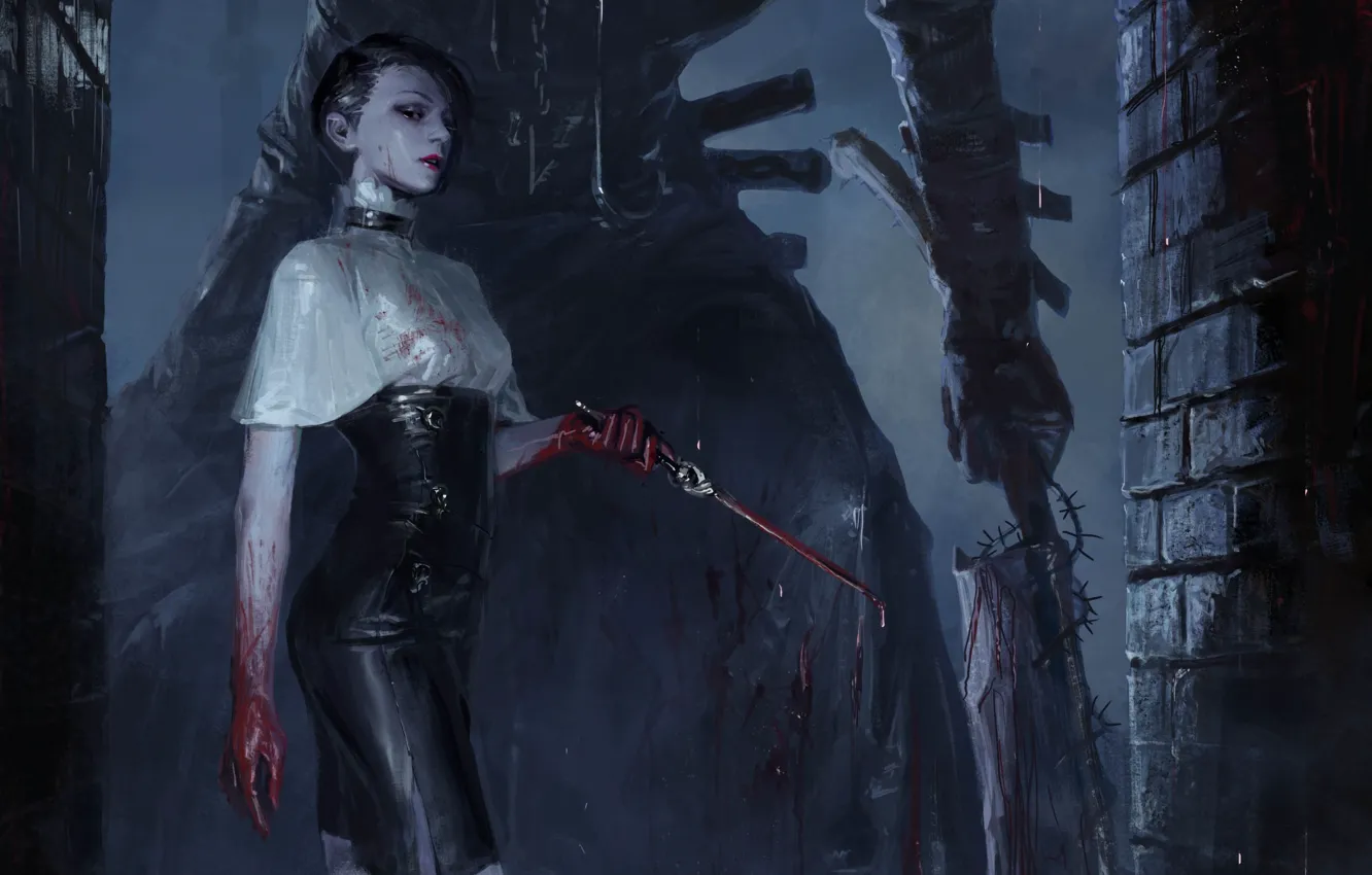 Фото обои девушка, ночь, готика, кровь, рисунок, фэнтези, арт, нож