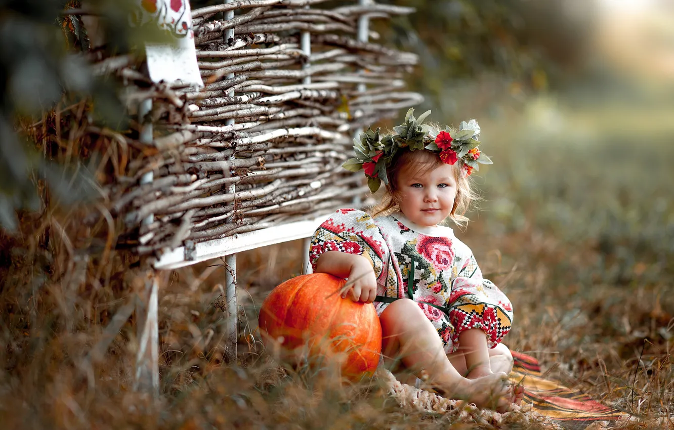 Фото обои осень, трава, природа, платье, девочка, тыква, венок, ребёнок