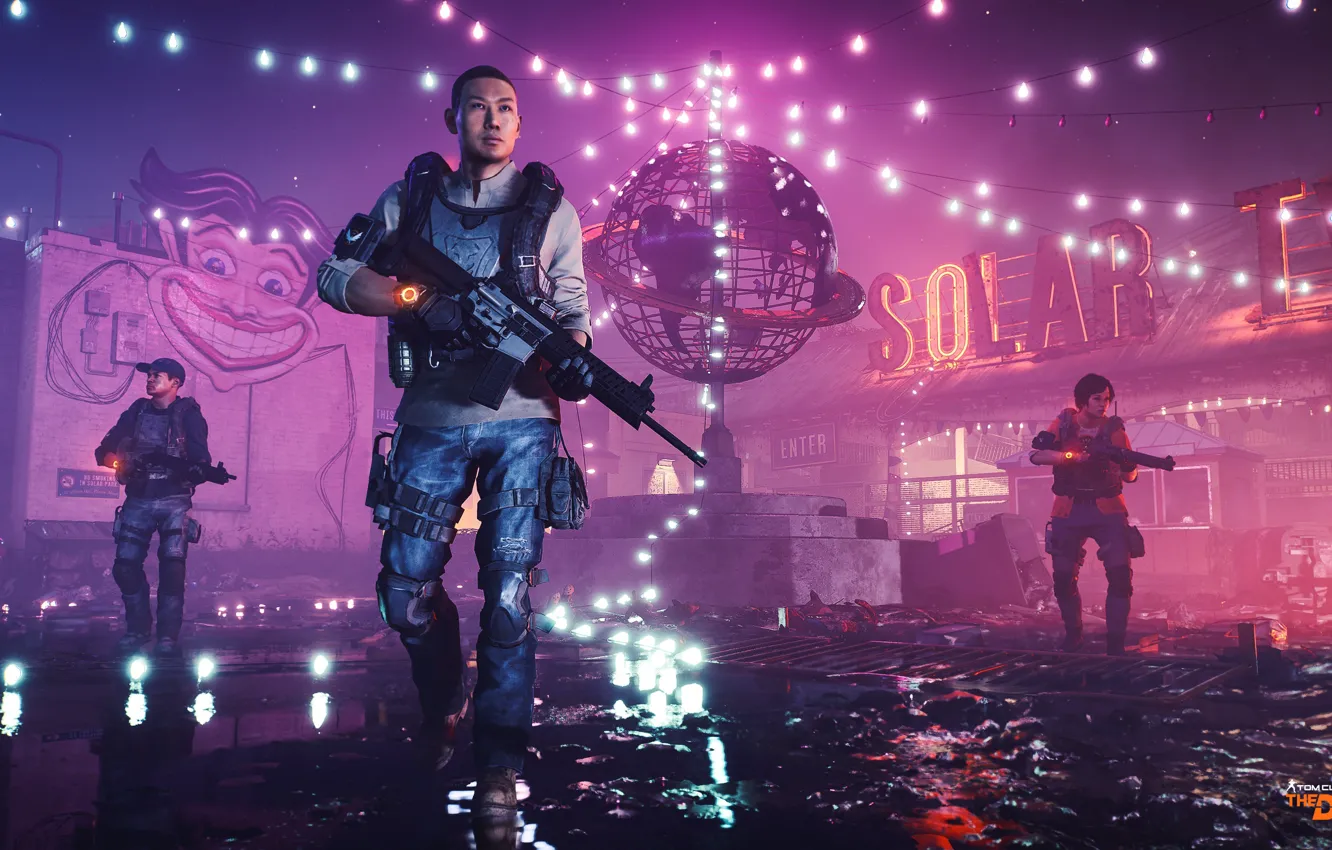 Фото обои оружие, солдаты, разруха, парк развлечений, Tom Clancy's The Division 2