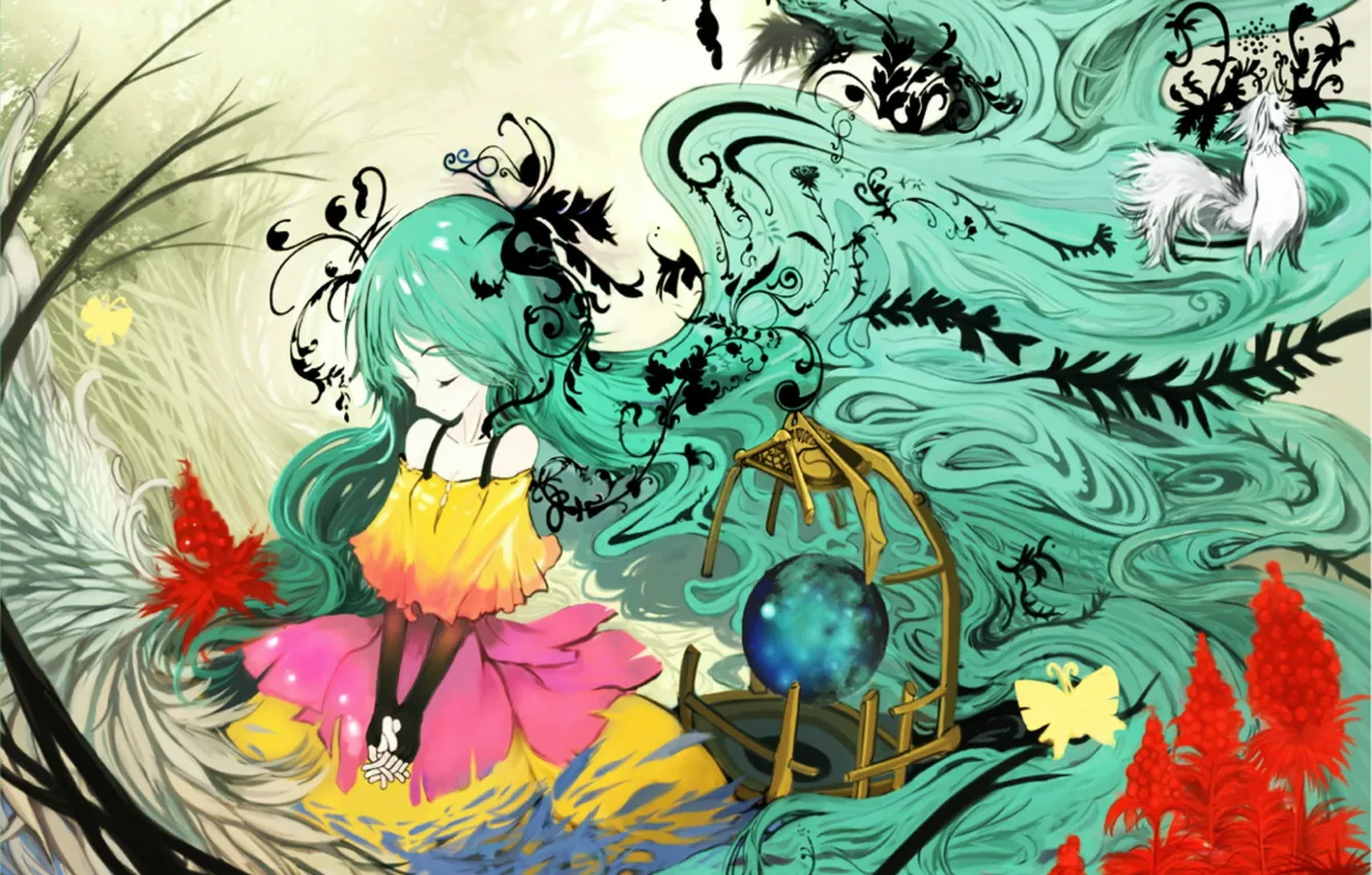 Фото обои бабочка, растения, клетка, платье, Hatsune Miku, Vocaloid, длинные волосы, закрытые глаза