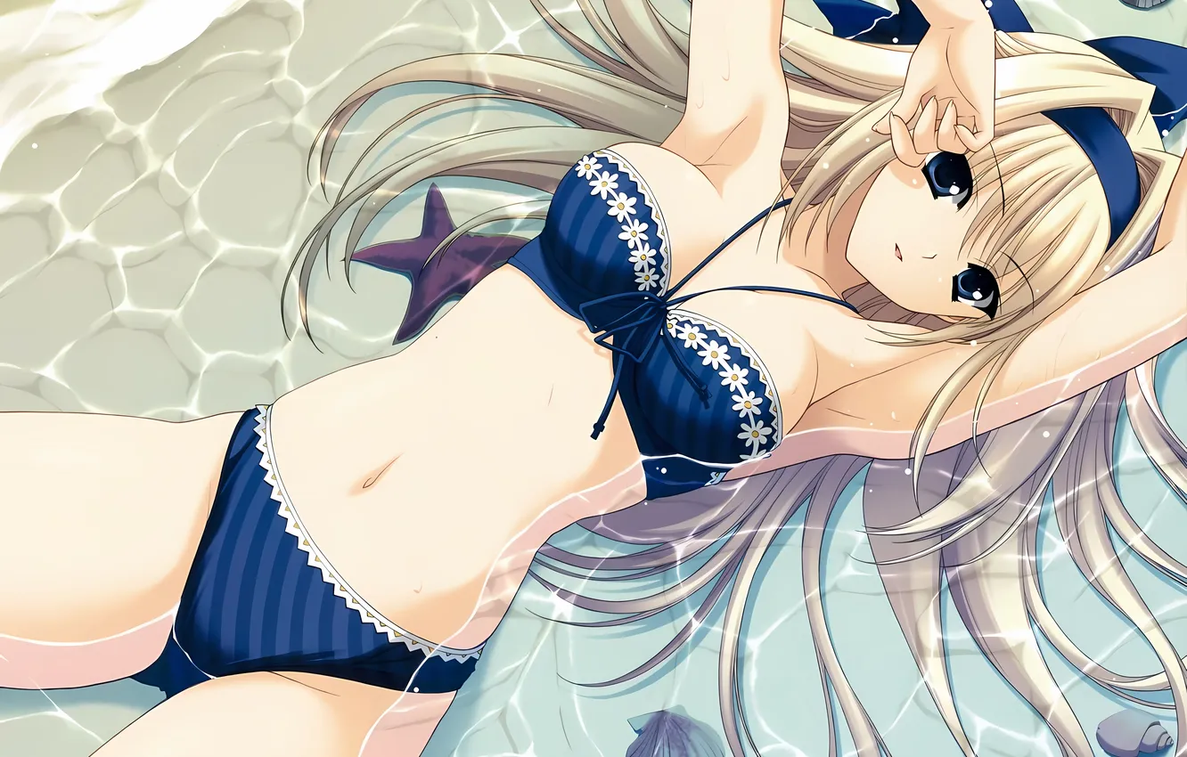 Фото обои girl, sexy, cleavage, beach, long hair, boobs, anime, water