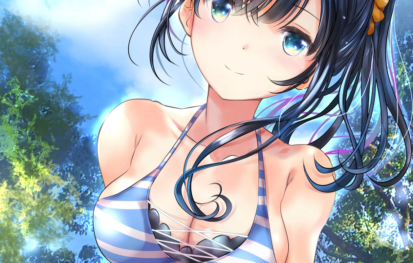 Фото обои girl, sexy, cleavage, long hair, nature, boobs, anime, blue eyes