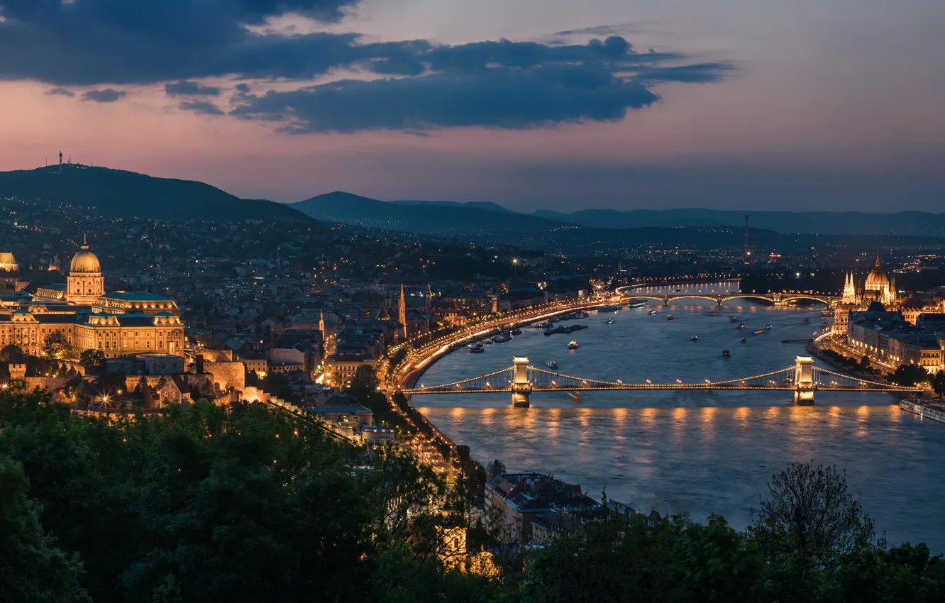 Фото обои река, панорама, мосты, ночной город, Венгрия, Hungary, Будапешт, Budapest