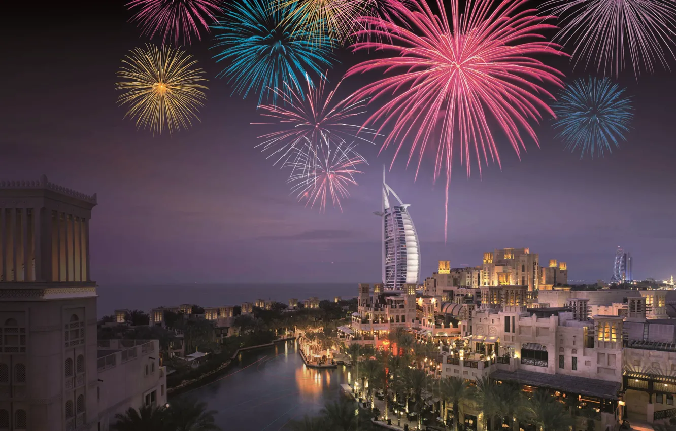 Фото обои Dubai, Night, Fireworks, Jumeirah