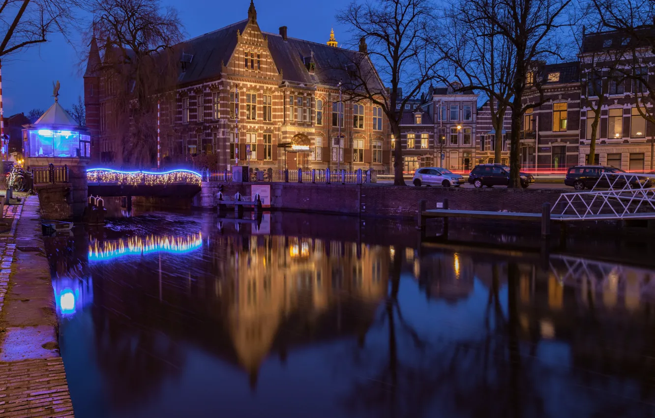 Фото обои ночь, мост, город, река, дома, освещение, Нидерланды, Голландия