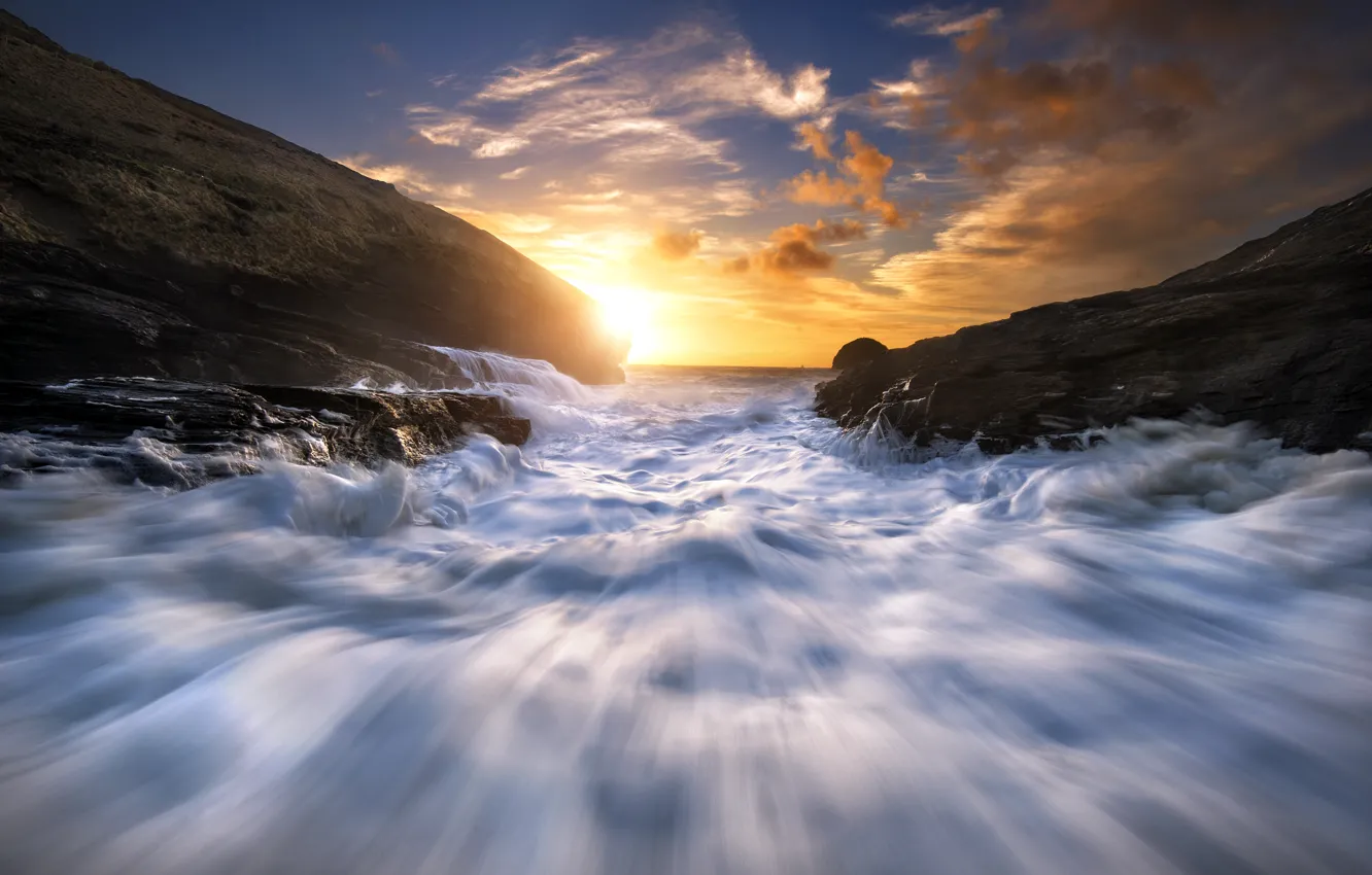 Фото обои солнце, пейзаж, рассвет, остров, прилив, Кельтское море
