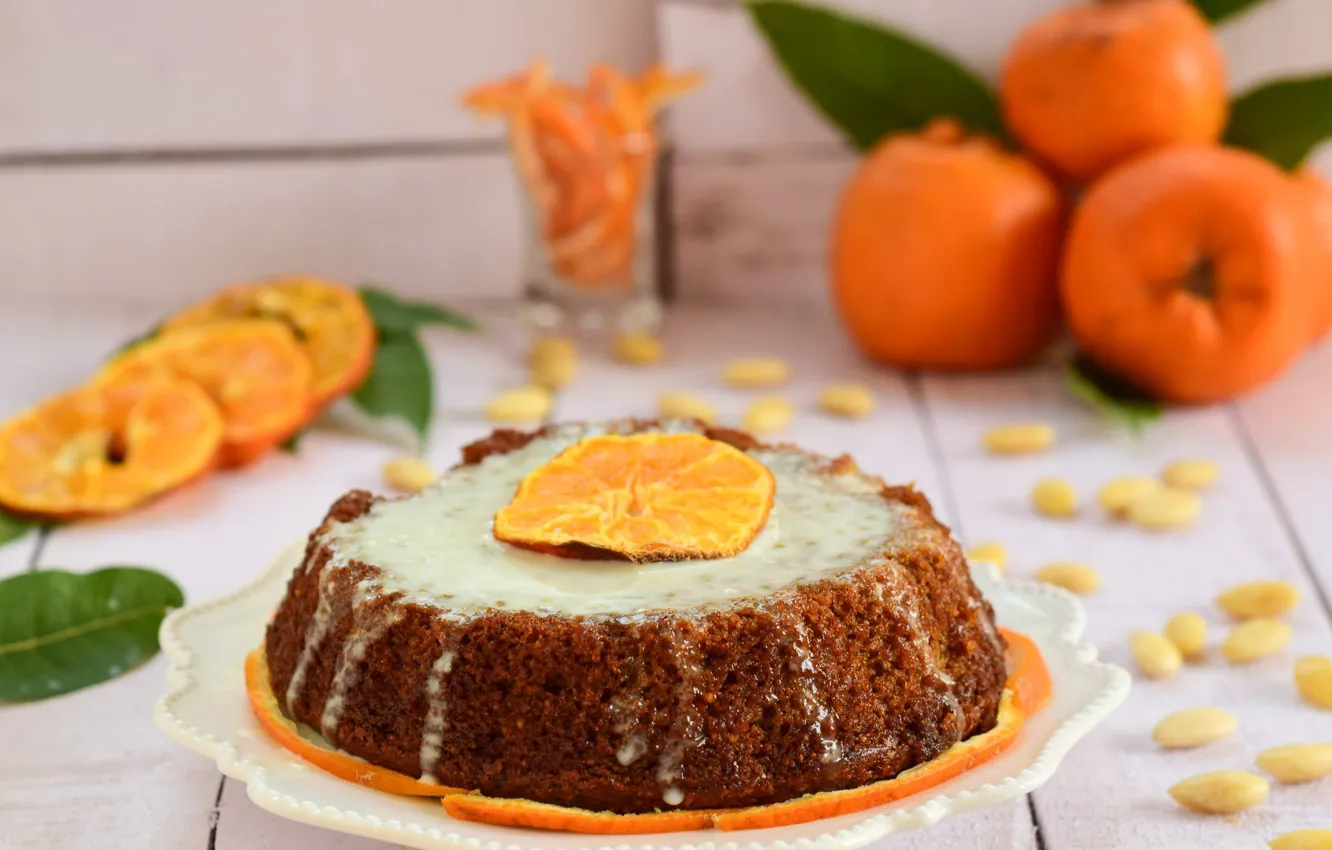 Фото обои тарелка, пирог, цитрус, крем, сладкое, мандарины