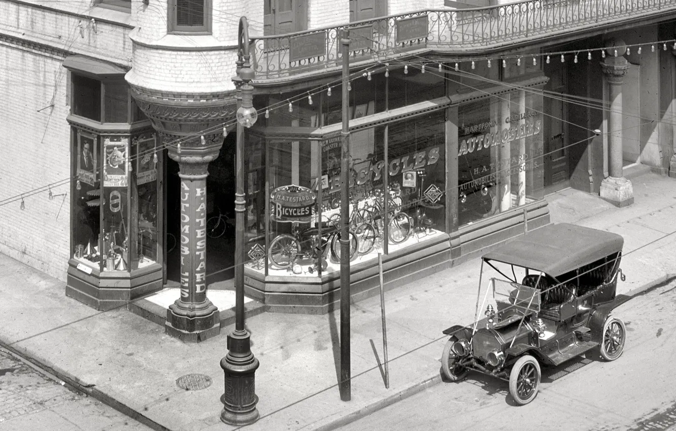 Фото обои велосипед, дом, ретро, США, автомобиль, магазин, 1906-й год