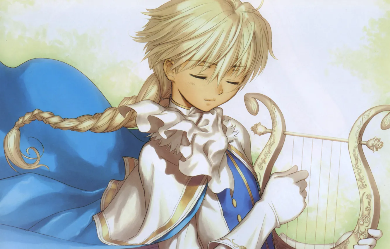 Фото обои арфа, перчатки, коса, плащ, art, shining wind, закрытые глаза, Tony Taka