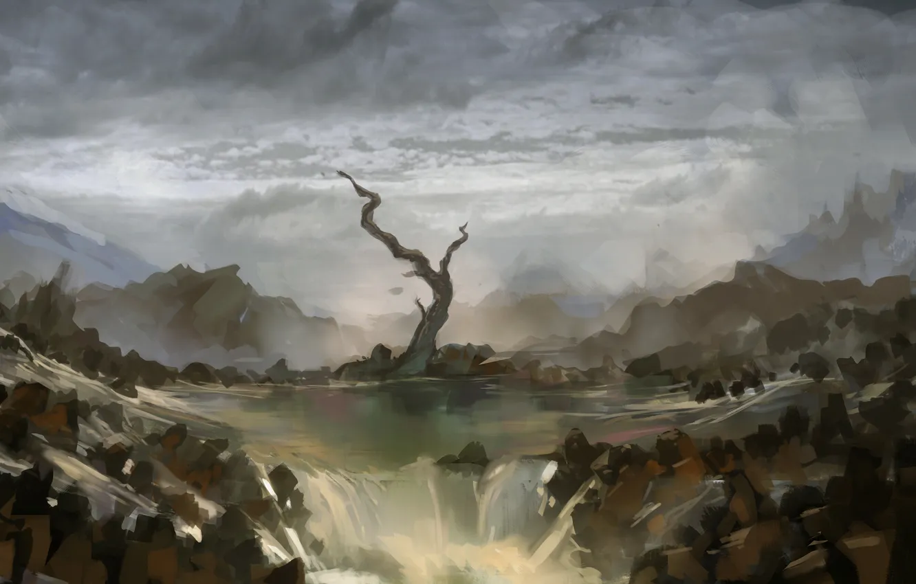 Фото обои тучи, река, камни, дерево, водопад, арт, нарисованный пейзаж