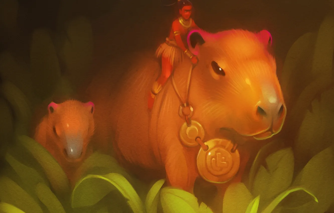Фото обои лес, трава, медальон, art, capybara