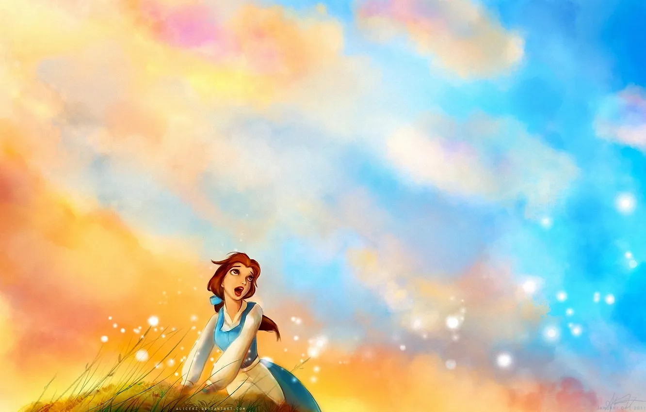 Фото обои небо, трава, девушка, рыжеволосая, поёт