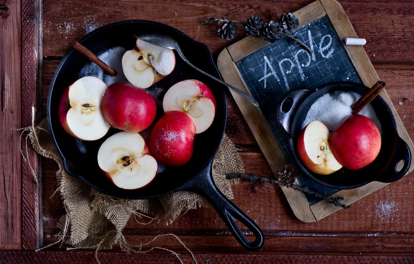 Фото обои яблоки, сахар, сковорода
