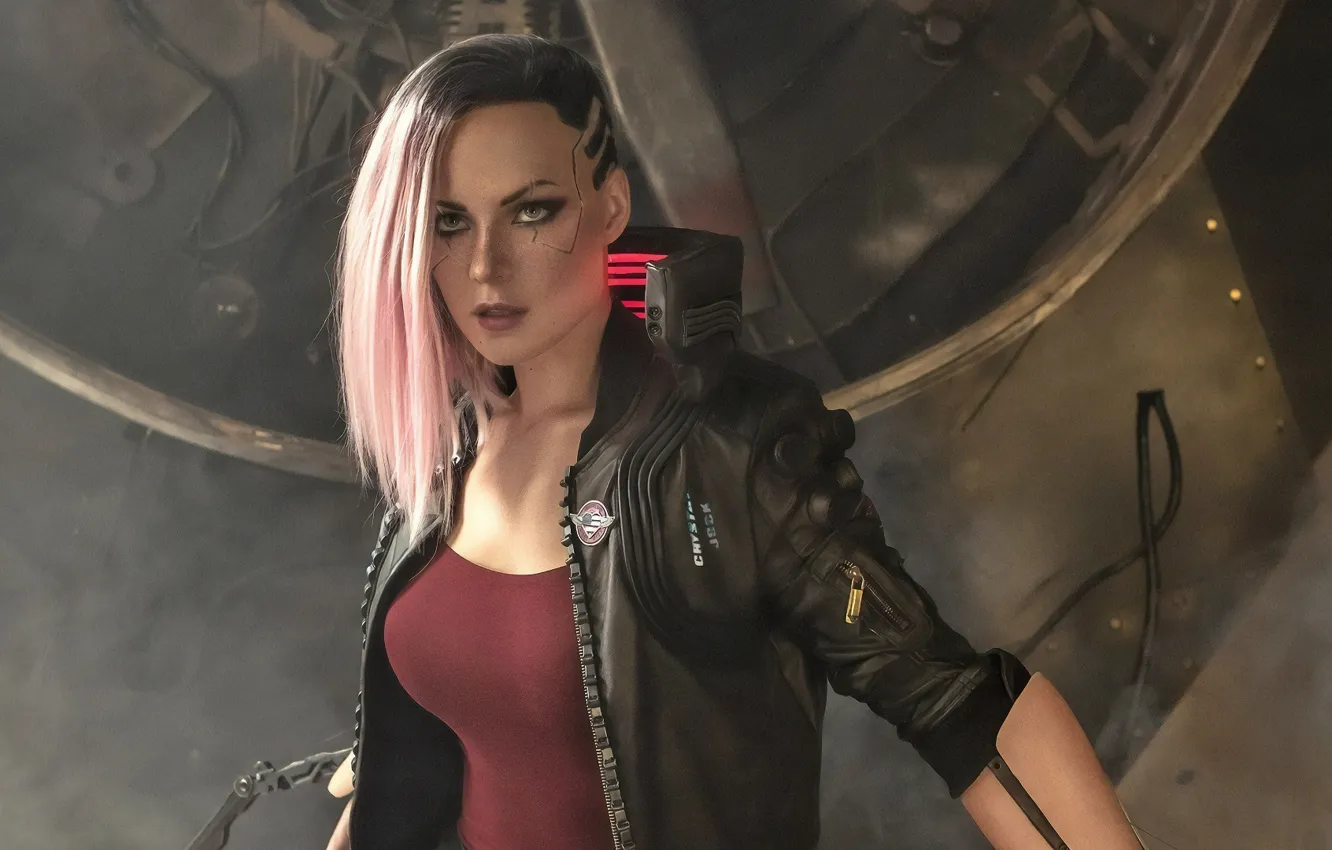 Фото обои взгляд, Девушка, киборг, Cyberpunk 2077, Woman Warrior, Pink Hair