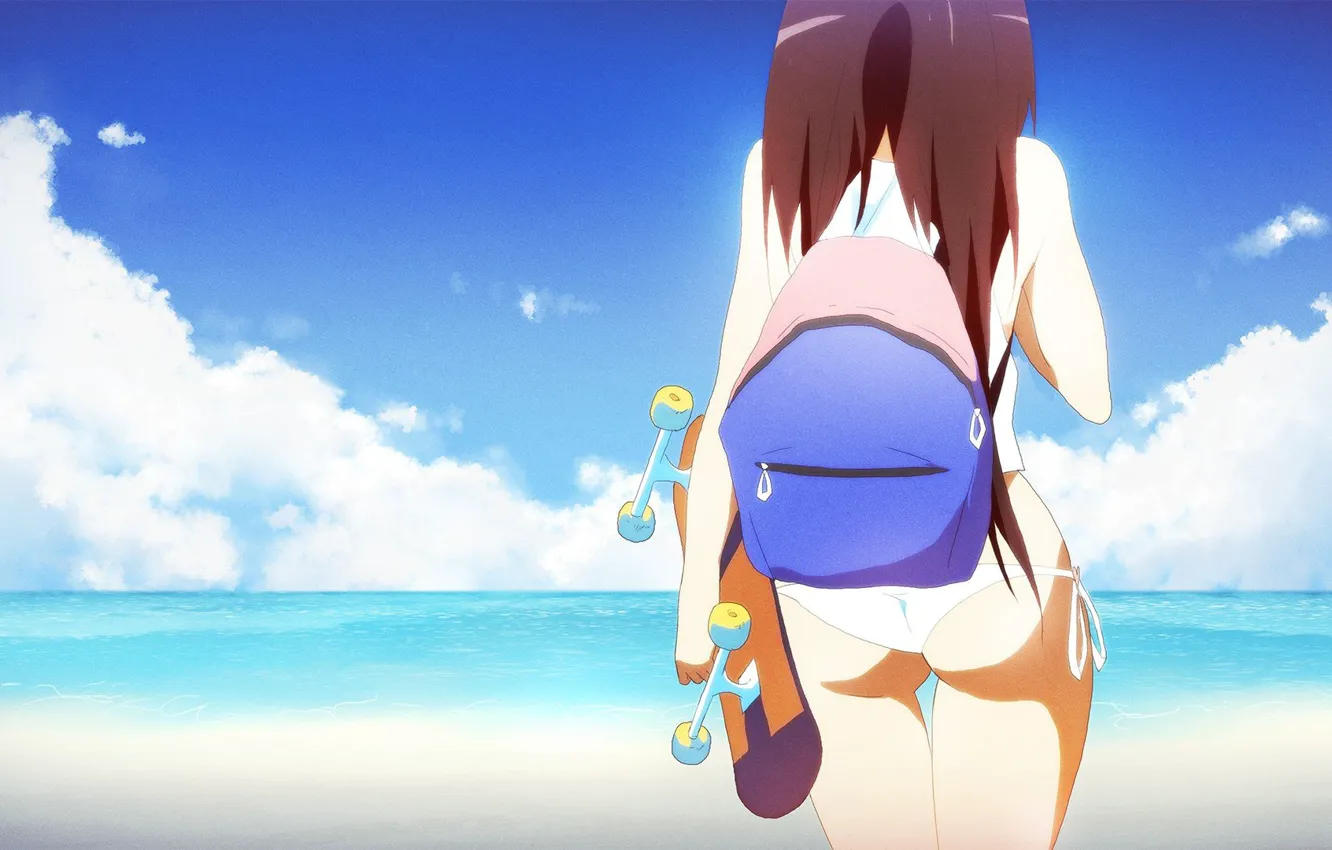 Фото обои море, облака, горизонт, девочка, бикини, рюкзак, каникулы, скейт