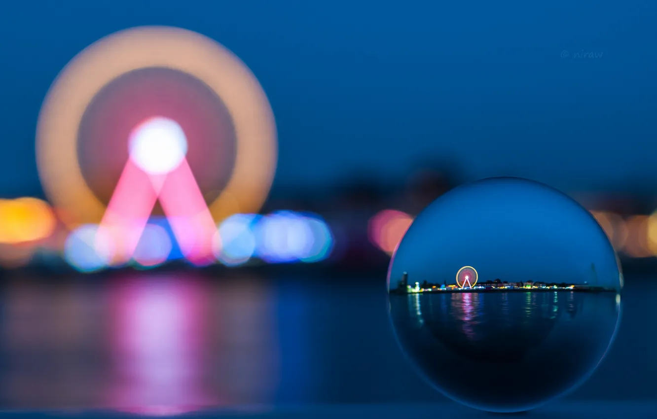 Фото обои Blue, Lights, Evening, Ferris wheel, Blurring
