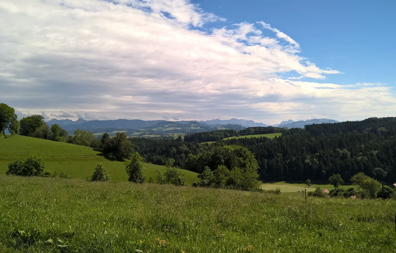 Фото обои sky, trees, mountains, clouds, hill, switzerland, sunny, albligen