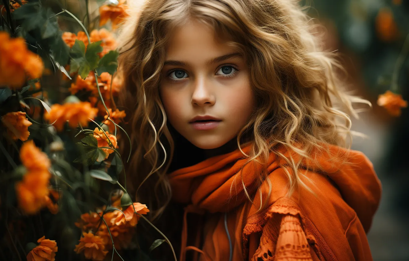Фото обои осень, взгляд, цветы, портрет, девочка, ИИ-арт, НЕЙРОСЕТЬ