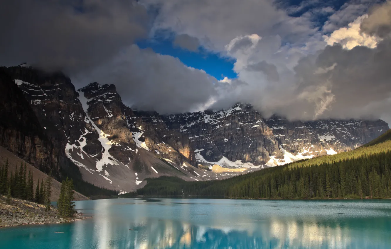Фото обои лес, небо, облака, горы, река, канада, голубая вода