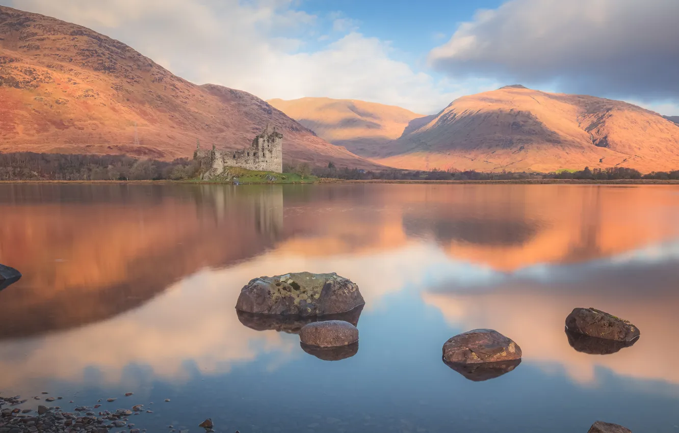 Фото обои landscape, mountains, lake, ruins, castle