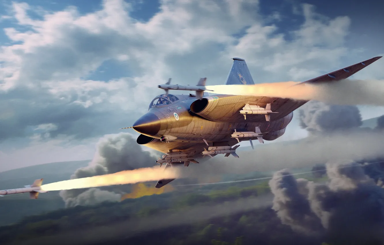 Фото обои Облака, Самолет, Истребитель, Швеция, Ракеты, Пуск, Game, War Thunder