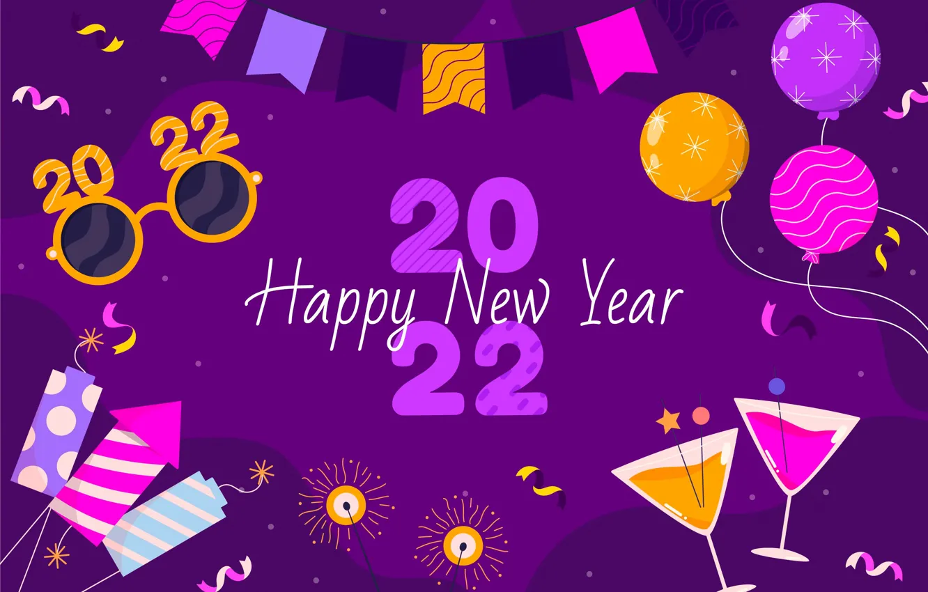 Фото обои шарики, воздушные шары, цифры, Новый год, фейерверки, фиолетовый фон, 2022