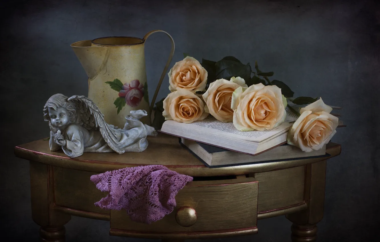Фото обои розы, ангел, книга, натюрморт