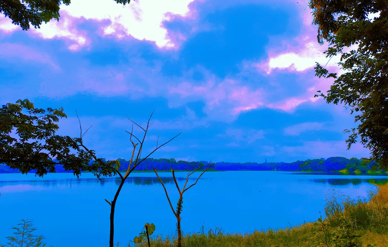 Фото обои Clouds, Sky, Water, Sunrise, Dawn, Morning, Lake, Trees